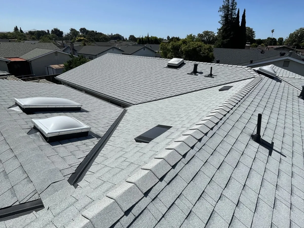 New shingle roof with skylights and roof vents